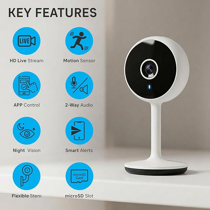Geeni Vivid Indoor Smart Security Camera – HD Live Stream Camera for Indoor Home Monitoring with Night Vision, 2-Way Audio, Flexible Mount, Micro SD Slot, Motion Detection & App Control – 1Pack, White