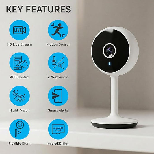 Geeni Vivid Indoor Smart Security Camera – HD Live Stream Camera for Indoor Home Monitoring with Night Vision, 2-Way Audio, Flexible Mount, Micro SD Slot, Motion Detection & App Control – 1Pack, White