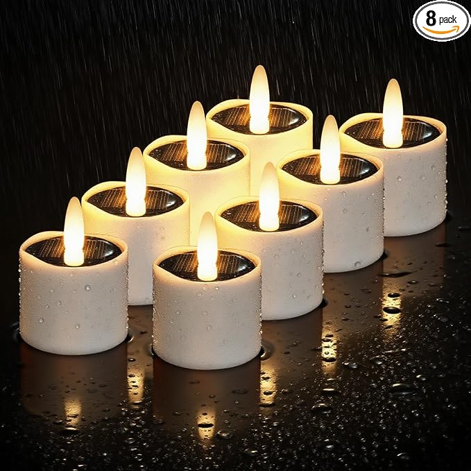 HL Solar Tea Lights Outdoor Waterproof, 8PCS 2.4''x2'' Flickering Flameless Candles, Dusk to Dawn Rechargeable Battery LED Tea Lights for Lantern, Garden, Camping, Home Decor (Warm White)
