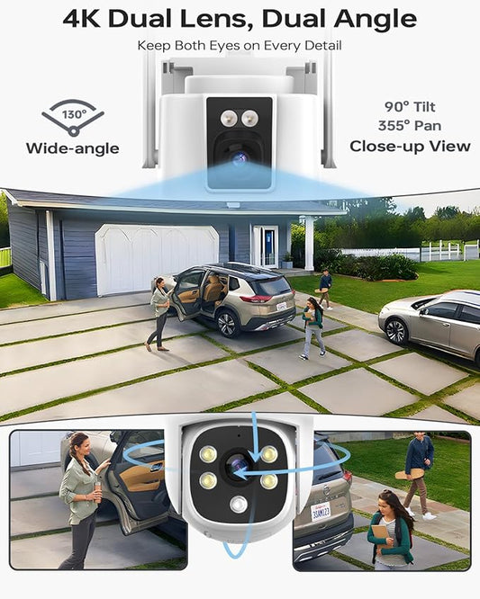 Wireless Outdoor Security Camera System, Wkkengd Dual Lens Dual Screen Auto Tracking 4 Home Surveillance Camera Set 12.5" Monitor 1TB 10CH NVR Color Night Vision 2 Way Audio Wi-Fi 6 Alexa Compatible