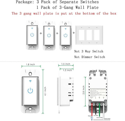 Smart Switch 3 Gang WiFi Light Switch Compatible with Alexa Google Home