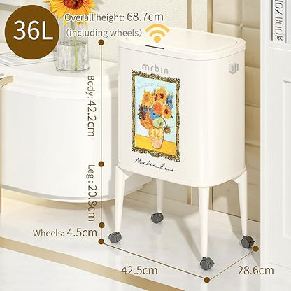 MRBIN Metal Motion Sensor Kitchen Trash Can with Wheel Legs, 36L / 9.5gal Medium Press Lid Slim Waste Basket, Pet Proof Tall Narrow Garbage Pail for Vanity, Bedroom, Bathroom, Living Room, Sunflower