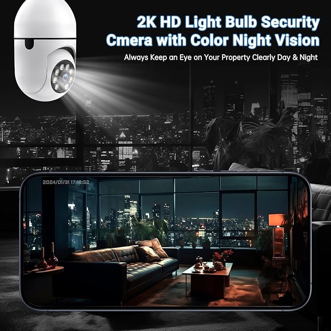 Chpuss Light Bulb Security Camera, 5G& 2.4GHz WiFi Security Cameras Wireless Outdoor for Home Security, 2-Way Audio Color Night Vision, 2-in-1 Lightbulb Socket Camera Motion Detection Siren Alarm