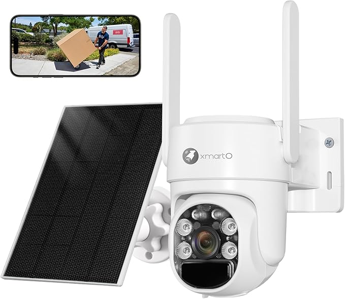 xmartO Wire-Free Solar Security Camera Outdoor Wireless, 4MP 2K QHD PTZ AI Tracking Security Camera, 5G Dual Band WiFi6, 8700mAh Battery, All-Weather Solar Charging, WiFi6 Long Range, No Monthly Fees