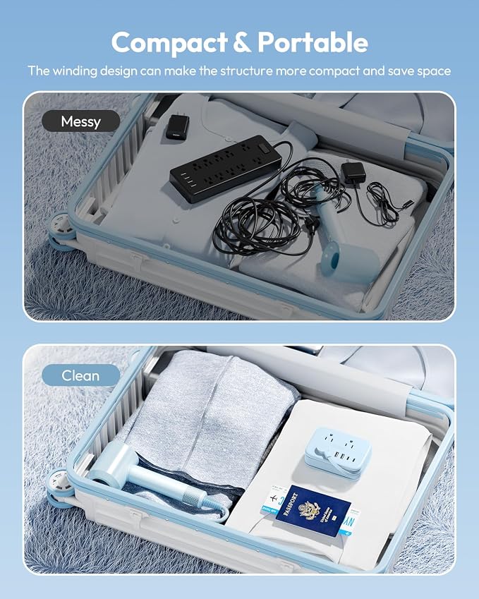 NTONPOWER Travel Power Strip, 6 Outlets 4 USB Ports(2 USB C), 4ft Extension Cord Wrapped Around Small Power Strip, Compact for Travel, Hotel, Cruise Approved, Blue