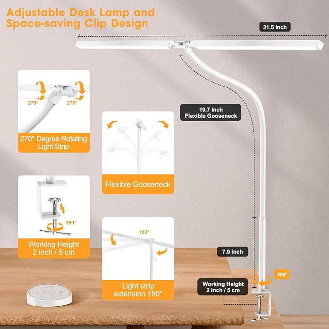 Pzloz Led Desk Lamp for Office Home - Eye Caring Architect lamp with Clamp,Dual Screen Computer Monitor Work Smart Light: 24W 5 Color Flexible Adjustable Lighting Table Lamp for Study White