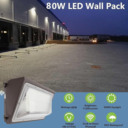 1-10V Dimmable 80W LED Wall Pack Light with Dusk to Dawn Photocell, 100-277V 11200LM 600-800W HPS/HID Equiv., 5000K Outdoor Security Lighting, ETL Commercial Wall Mount Lights for Building