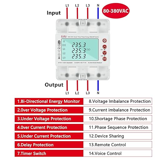 3 Phase AC380V 100A Tuya WiFi Smart Bi-Directional Energy Power kWh Meter Over Under Voltage Current Protector Relay Switch Current Limit Phase Squence Protector Voice Remote Control for Smart Home