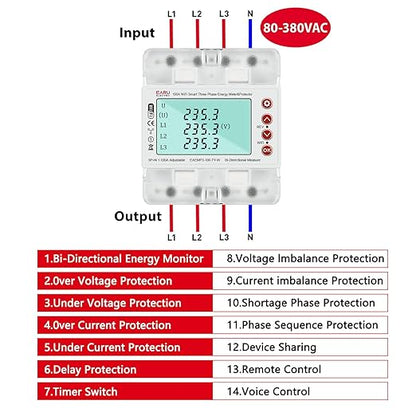 3 Phase AC380V 100A Tuya WiFi Smart Bi-Directional Energy Power kWh Meter Over Under Voltage Current Protector Relay Switch Current Limit Phase Squence Protector Voice Remote Control for Smart Home