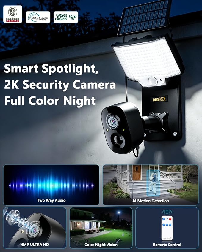 Solar Security Camera with Bracket & Spotlight, Smart Lighting Modes, 4MP Color Night Vision, PIR Detection, 2-Way Audio, 2.4G/5G WiFi, Outdoor Solar Battery Cameras for Home Security, Remote Control
