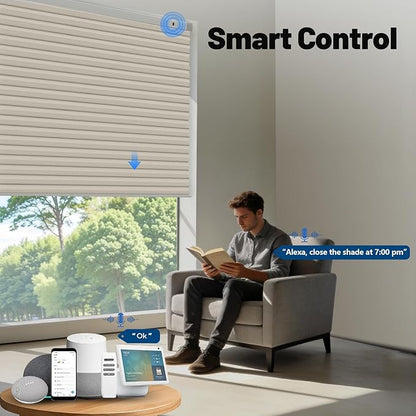 Motorized Cellular Shades with Remote, Smart Cellular Shades Compatible with Apple HomeKit, Alexa & Google Home, Cordless Honeycomb Window Blinds for Indoor Windows, Blackout Warm Beige