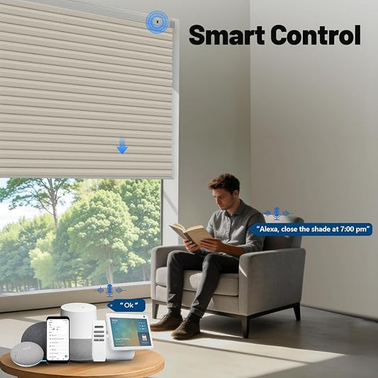 Motorized Cellular Shades with Remote, Smart Cellular Shades Compatible with Apple HomeKit, Alexa & Google Home, Cordless Honeycomb Window Blinds for Indoor Windows, Blackout Warm Beige