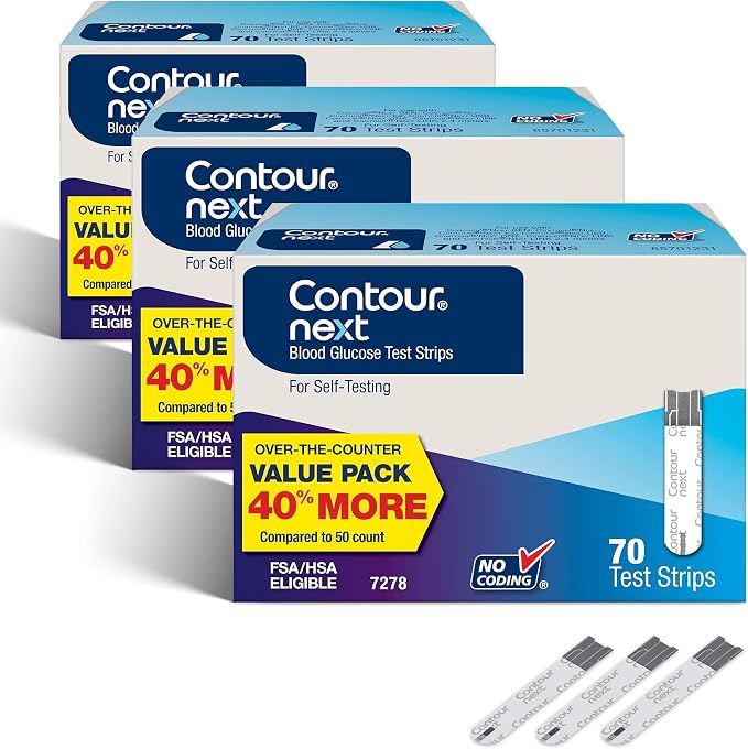 Ascensia Contour Next Blood Glucose Diabetes Test Strips 210 Count (3x70ct) | For Diabetes, Accurate, No Coding, Second-Chance Sampling, Compatible With All Contour Next Meters, Easy Blood Sugar Testing