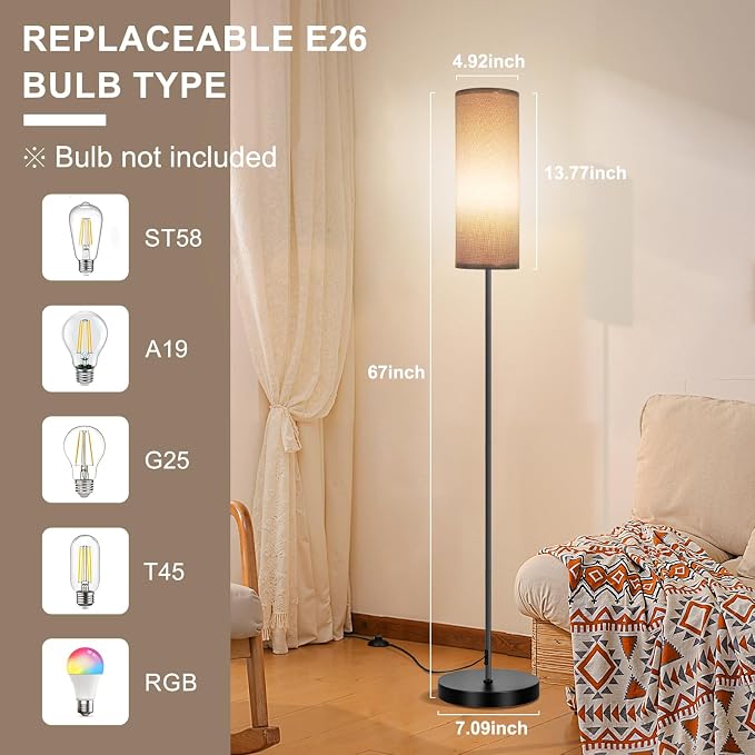FRIDEKO HOME Grey Shade Floor Lamp, Simple Design with Foot Pedal Switch, Small Tall Lamps for Living Room Bedroom Office, Corner Floor Stand Light with Black Pole Lamp (No Bulb/No Remote)