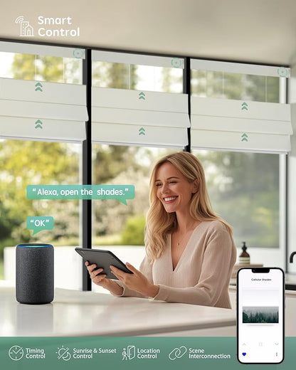 Yoolax Smart Top Down Bottom Up Roman Shades, Motorized Roman Shades with Remote, Blackout Smart Blinds Work with Alexa, Google Home, Apple Homekit for Living Room Bedroom, Customized (Woven Beige)