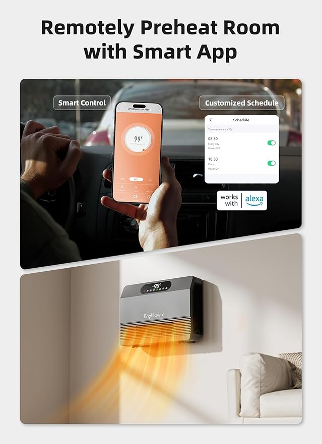 Brightown Wall Heater for Indoor Use, Space Heater with ALCI Plug 1500W, 5 Modes, Adjustable Thermostat, Easy Install Heater for Bedroom Bathroom with Remote Control, 12H Timer, Work with Alexa, Grey