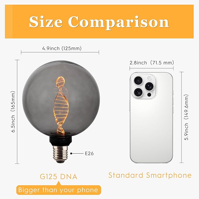 Unique Stained Glass Light Bulbs, Low Lumen Eye-Caring Soft Dim Lighting for Mood (Not Daylight White) 55LM, Oversized Globe Decorative Dimmable LED Bulb 3.5W, E26 Medium Base, Smoke RN G125