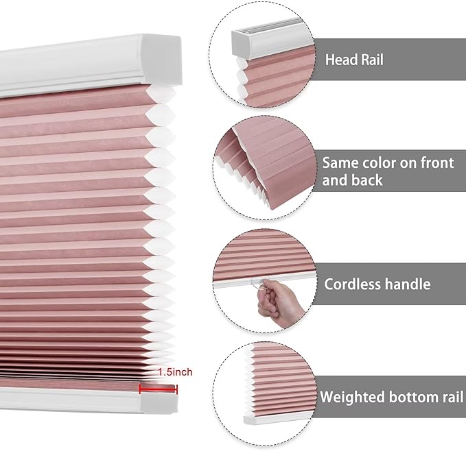 Changshade Cellular Shades Light Filtering Cordless Custom Size, Honeycomb Door Window Blinds 1.5 inch Cell Pleated Easy to Install for Home, Office, Apartment, House, Bedroom, Nursey, Pink