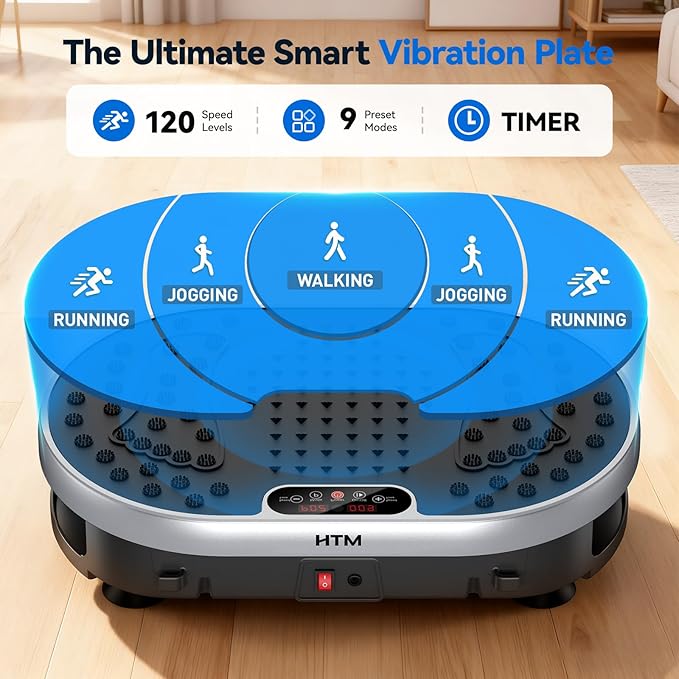 HTM Vibration Plate Exercise Machine, 9 Modes & 120 Speeds, Body Shake Plate with Resistance Bands Slot & Remote Control, 300 Lbs Capacity Shake Board for Weight Loss Fat Burner Home Fitness Workout