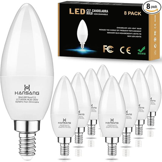 8-Pack E12 Candelabra LED Light Bulbs, 6000K Cool Daylight White, Small Base Type B Light Bulb for Chandelier, 6W Equivalent 60Watt, B11 Light Bulbs for Ceiling Fan, 600 Lumen, Non-dimmable