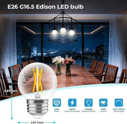 GvvooHome E26 G16.5 Edison LED Bulb, Dimmable 6W 60W Equivalent, 4000K Neutral White, Round Globe Bulbs for Chandeliers, Ceiling Fan, Vanity & Pendant Lights, 90+ CRI, 600LM, 6 Pack