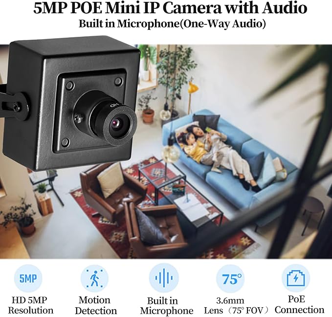 5MP POE Mini IP Camera, Built in Microphone, UltraHD Indoor Small Security Camera with Audio, 3.6mm Lens(75° FOV), H.265/H.264, Smart Phone/PC App (I706-P-A)