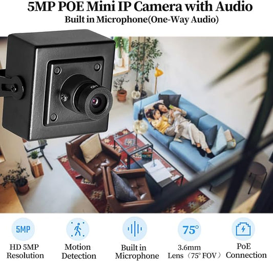 5MP POE Mini IP Camera, Built in Microphone, UltraHD Indoor Small Security Camera with Audio, 3.6mm Lens(75° FOV), H.265/H.264, Smart Phone/PC App (I706-P-A)