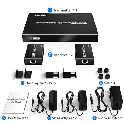 HDMI Extender Splitter 1 x 2, JCHICI 4K@30Hz 100M(328fts) HDMI Splitter with Loopout and EDID Copy Function, Lossless Transmission and Zero Latency, Support 3D