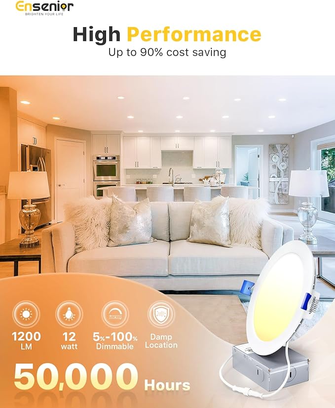 Ensenior 24 Pack 6 Inch LED Recessed Light, Dimmable, 6000K Clear White, 1200LM High Brightness, 12W 120V, Damp Rated, Ultra-Thin Canless Wafer Ceiling Light - ETL & FCC & IC