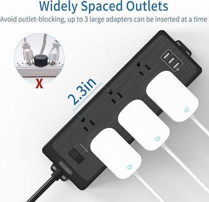 NTONPOWER Flat Plug Power Strip with 3 USB Ports, 6 Extra Widely Spaced Outlets, 1700 Joules Surge Protector, 15A Circuit Breaker, 5 FT Extension Cord, Black