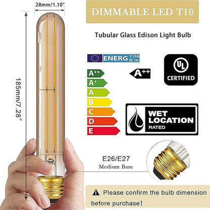 7.3 Inch 2200K Edison Bulbs Amber Dimmable,Vintage Style Decorative Antique Light Bulb,T10 Long Tubular LED Light Bulbs,6W E26 LED Bulb 80 Watt,UL Certified(4 Pack)