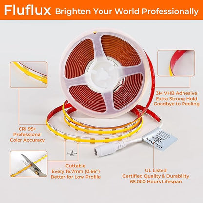 2700K COB LED Strip Lights, 24Volt Premium Flexible Tape Light with Strong 3M VHB Adhesive, CRI 95, UL Listed, Cuttable, Dimmable, 5W/FT for Bedroom, Kitchen, Cabinet (NO Power Supply)