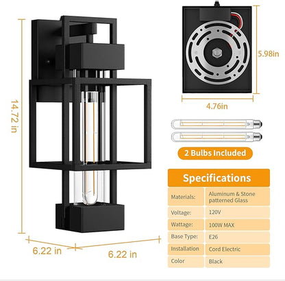 Hotsonic 2 Pack Dusk to Dawn Outdoor Exterior Lighting Fixtures Wall Mount, 15'' Dimmable Porch Lights for Outside, Waterproof Wall Lantern Lamps, Black Sconce Coach Lights for House, Garage