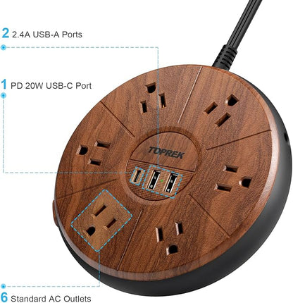 Power Strip with USB, PD 20W USB-C Charging, 6.5 FT Extension Cord with 6 Outlets, 1 USB-C, 2 USB-A, TOPREK Power Strip Surge Protector, Wood Finish Desk Charging Station for Home, Office, Dorm