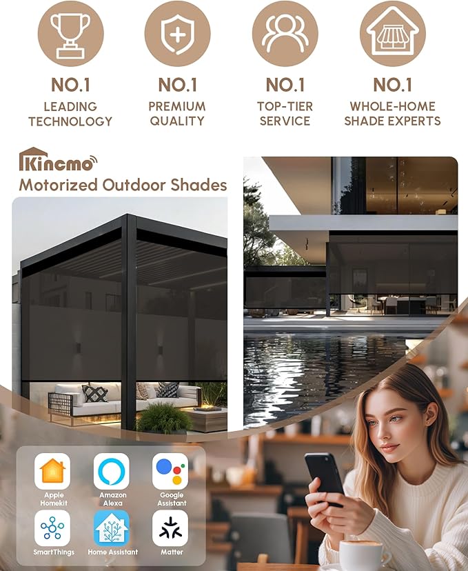 Kincmo Motorized Outdoor Shades for Patio Porch, Custom Outdoor Motorized Blinds with Remote, Waterproof & Windproof Patio Shades Work with Apple Homekit,Alexa,Google (3% Openness Brown)