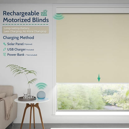 Motorized Blinds with Remote, Blackout Rechargeable Automatic Roller Shades, Cordless Smart Blinds Compatible with Alexa, Custom Blind for Indoor Windows, Photo Film Almond