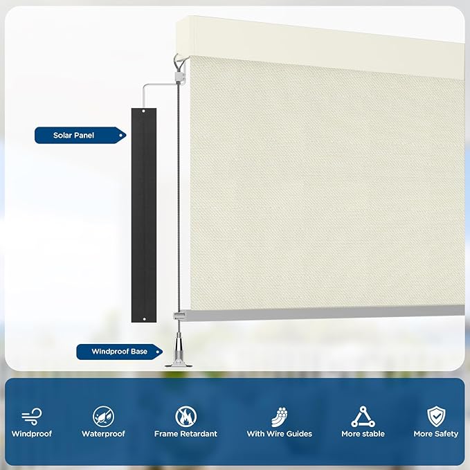 Motorized Outdoor Shades, Custom Patio Roller Blinds with Remote, Smart Exterior Sun Shades Compatible with Alexa, HomeKit, Google Home (3% Openness Beige)