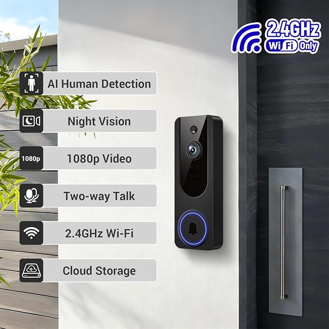 Hubposh Doorbell Camera Wireless with Indoor Receiver, Baby Monitor, Battery Powered, AI Human and Motion Detection, 2 Way Talk, 1080P Night Vision, Cloud Storage (Sold Separately)