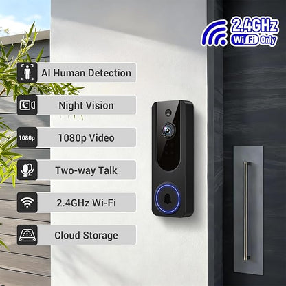 Hubposh Doorbell Camera Wireless with Indoor Receiver, Baby Monitor, Battery Powered, AI Human and Motion Detection, 2 Way Talk, 1080P Night Vision, Cloud Storage (Sold Separately)