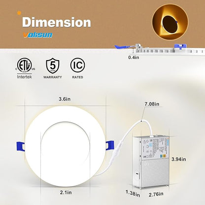 VOLISUN 12 Pack 3 Inch 5CCT Recessed Light with Night Light, Canless LED Recessed Lighting 3 inch, 2700K-5000K Selectable, 500LM Dimmable Recessed Ceiling Wafer Light, ETL Certificated