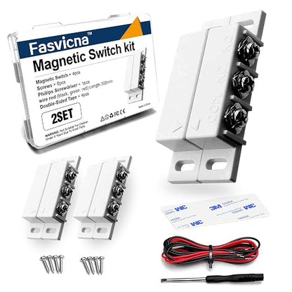 2 Pack Magnetic Reed Switch NC NO, Wired Door Window Alarm Sensor, White | Surface mount design, 22AWG leads, Includes screws, tape and screwdriver