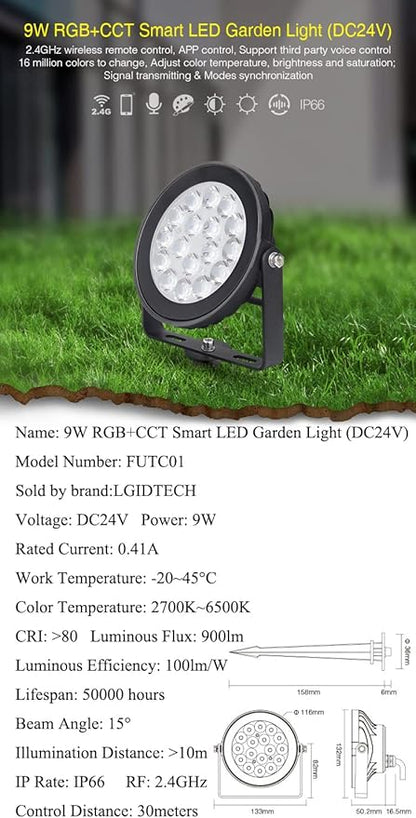 LGIDTECH FUTC01 Miboxer 9W RGB+CCT DC 24V Outdoor LED Garden Spotlight 16 Million Colors Changing,Color Temperature Adjustable