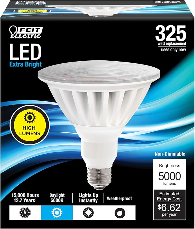 Feit Electric PAR38 LED Light Bulb, 325W Equivalent, Outdoor Flood Light Bulb, Non Dimmable, 13 Year Life, 5000 Lumens, E26 Base, Damp Rated, High Lumen, PAR38/5000/5K/LED (Pack of 12)