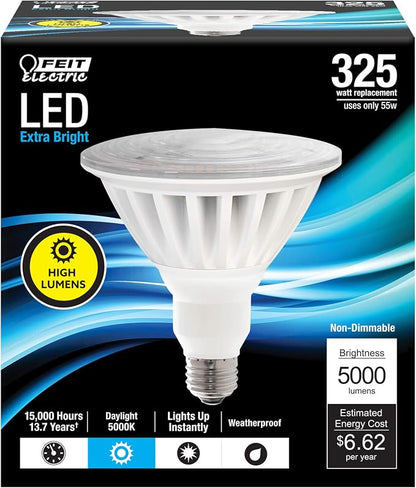 Feit Electric PAR38 LED Light Bulb, 325W Equivalent, Outdoor Flood Light Bulb, Non Dimmable, 13 Year Life, 5000 Lumens, E26 Base, Damp Rated, High Lumen, PAR38/5000/5K/LED (Pack of 12)