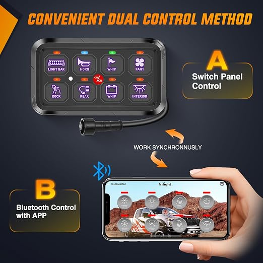 Nilight 8 Gang Switch Panel Relay System w/APP Control Automatic Dimmable | RGB Backlight Panel Circuit Control Fuse Wiring Harness ON Off LED Switches Pod for 12V 24V Cars Trucks Campers SUV