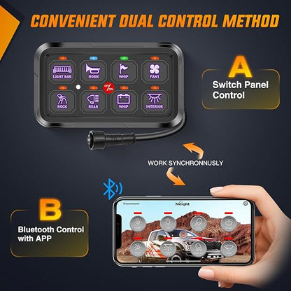 Nilight 8 Gang Switch Panel Relay System w/APP Control Automatic Dimmable | RGB Backlight Panel Circuit Control Fuse Wiring Harness ON Off LED Switches Pod for 12V 24V Cars Trucks Campers SUV
