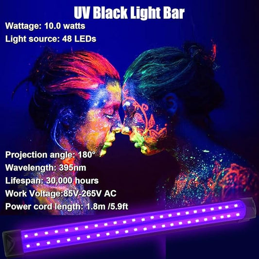 4 Pack 10W 48 LED Black Light Bars 1Ft 395-400nm UV Blacklight Tube with 5.9Ft Cord+Plug+Switch Linkable Black Light Fixtures for Bedroom Fluorescent Poster Body Paint Halloween Glow Party