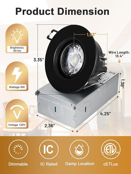 POPANU Canless Recessed Gimbal Downlight Rotatable-Spotlight 5 CCT 3 Inch Eyeball Ceilling Potlight, Dimmable Recessed Lights Fixture with Junction Box, 8W CCT Adjustable, Black Round Trim, 6 Pack