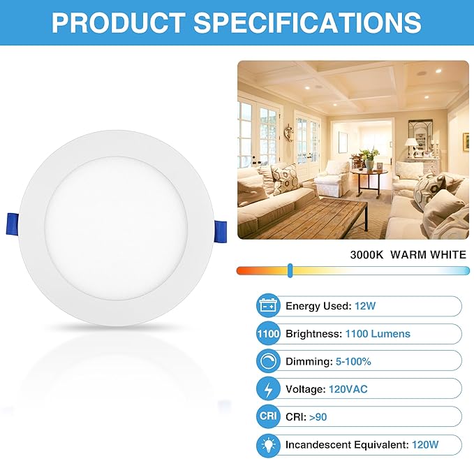 ECOELER 6 Inch LED Recessed Ceiling Lights, Smooth Trim Canless Downlight, 12W 1100Lm, 3000K Warm White, Dimmable LED Panel with JBox, ETL & FCC, 12 Pack