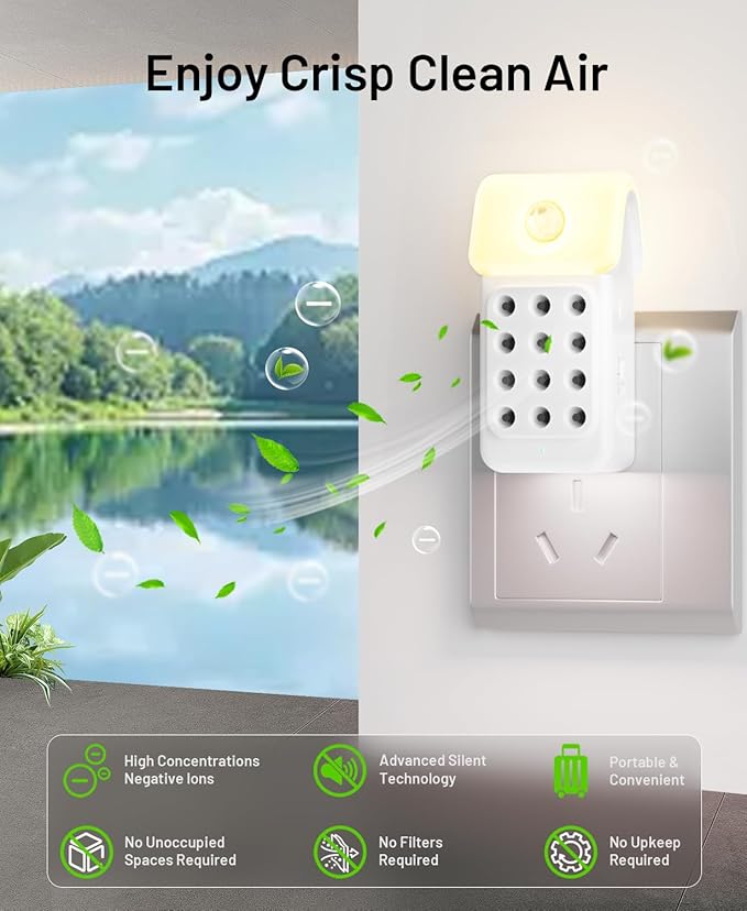 ySky Plug In Air Purifier for Home, Negative Ion Air purifiers with LED Motion Sensor Night Light,Quiet Mini Air Ionizers for home,Bathroom,Bedroom,Portable Air ionizer for Odor,Pet smell